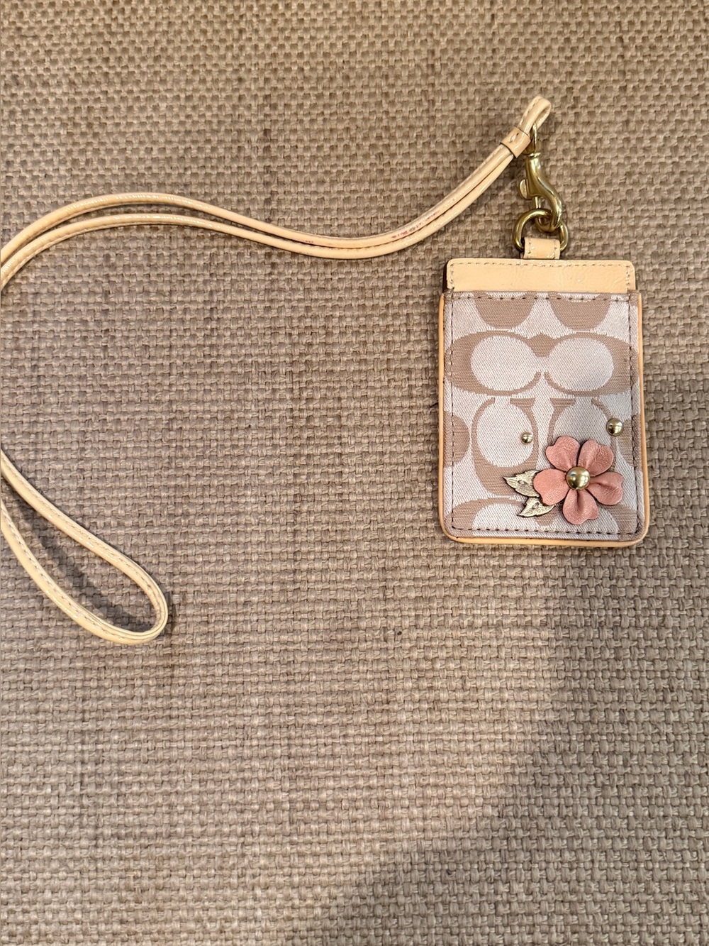 Coach Signature Floral Lanyard Card Holder in Pink and Beige